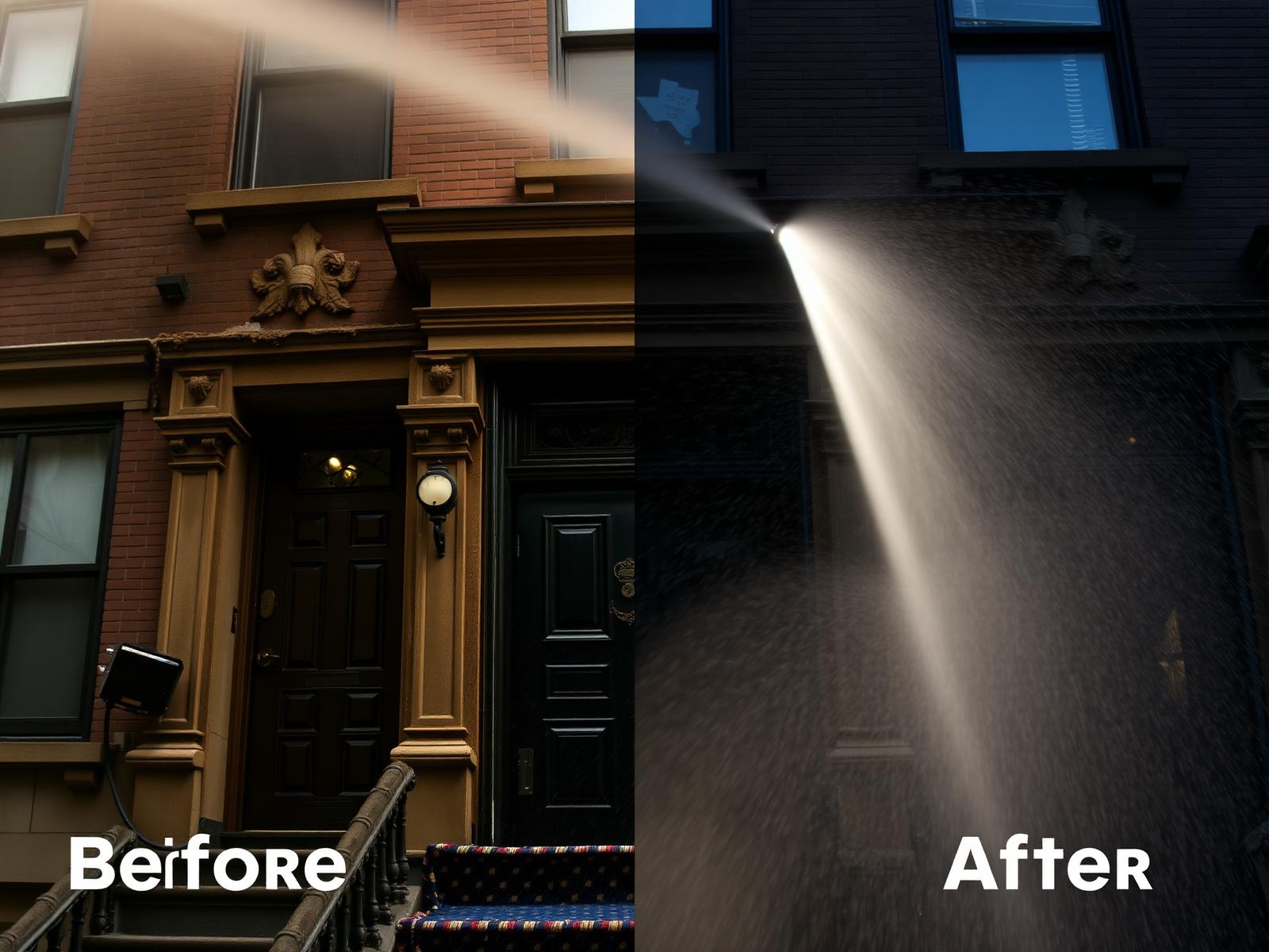 Before and after pressure washing of a Brooklyn brownstone